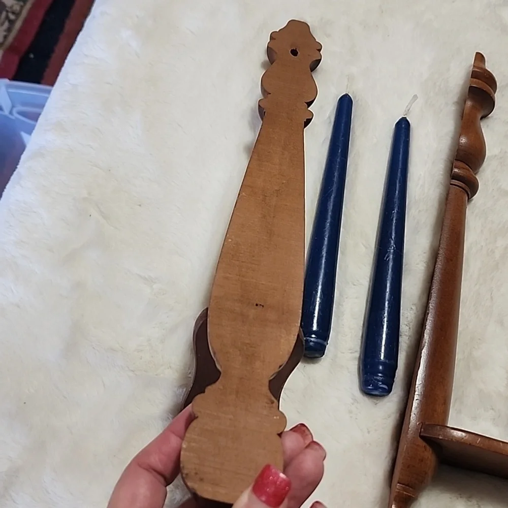 Wooden Candle Holders with Blue Candles - Picture 3 of 4